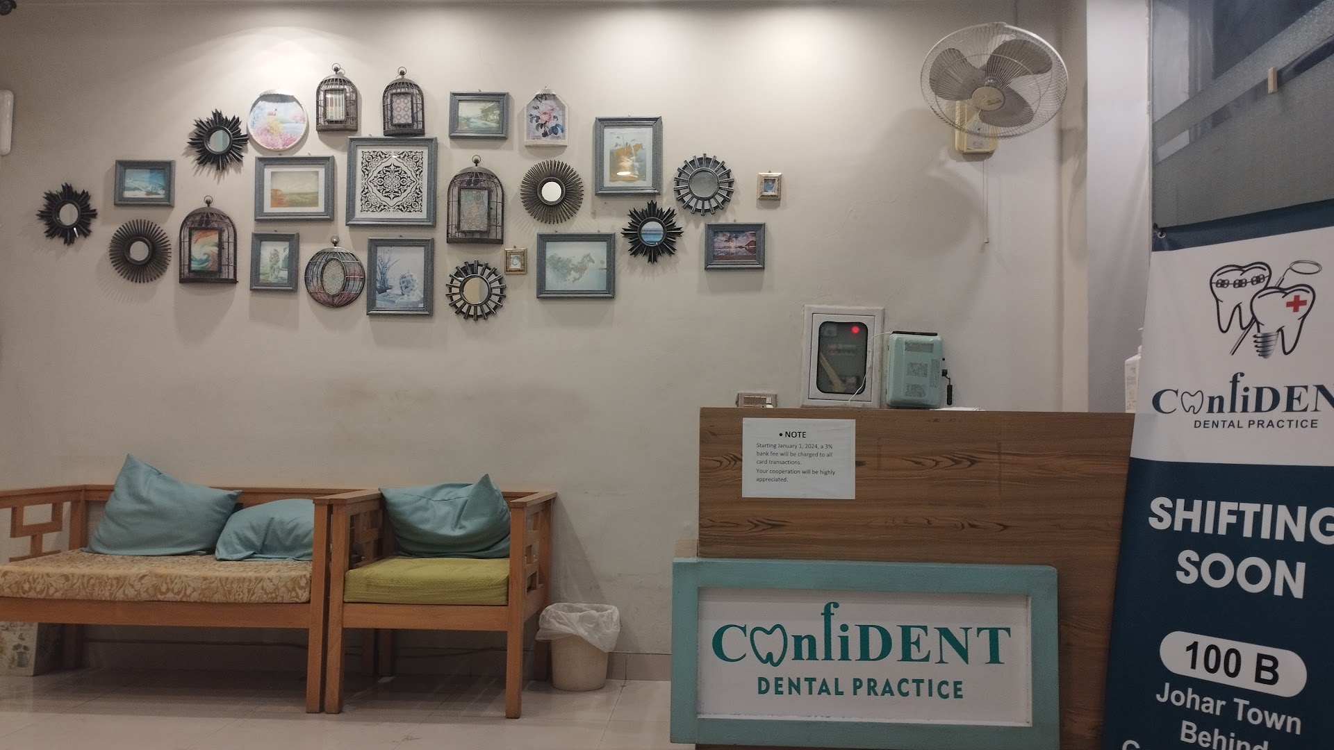 Waiting area with framed practice history